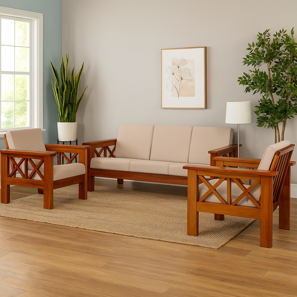 Tisa Double X  Wooden Sofa 3+1+1 Seater